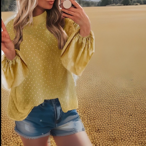 Breathtaking Mandarin Collar Unique Lower Puffy Sleeve Dot Mustard Yellow Blouse - Picture 4 of 6